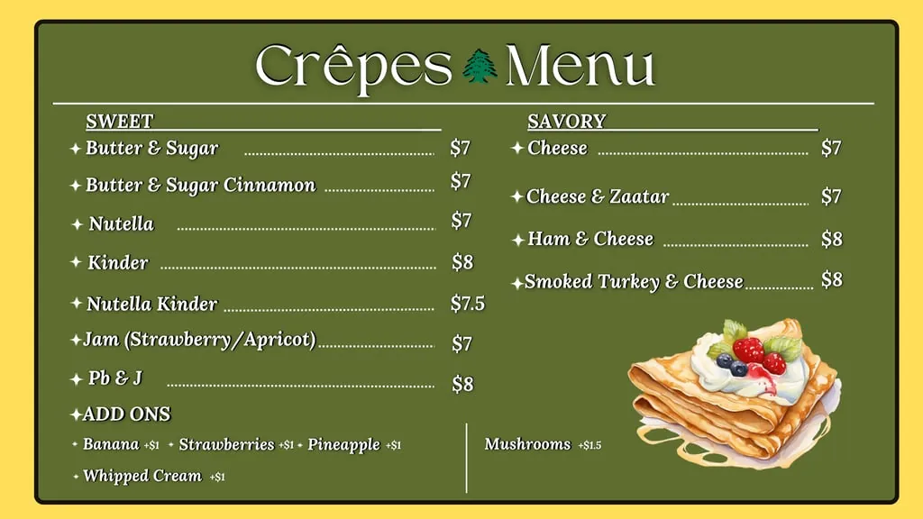 Adonis Market crepe menu with sweet and savory options