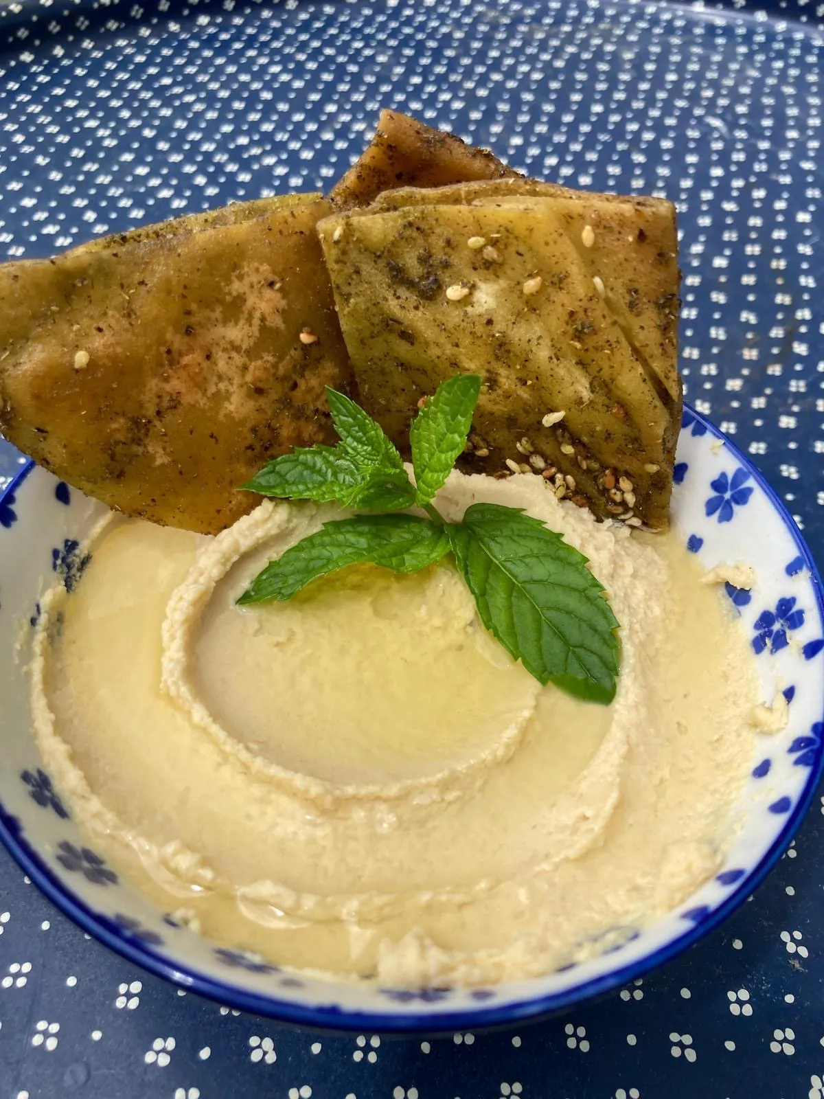 Hummus with zaatar pita chips at Adonis Market